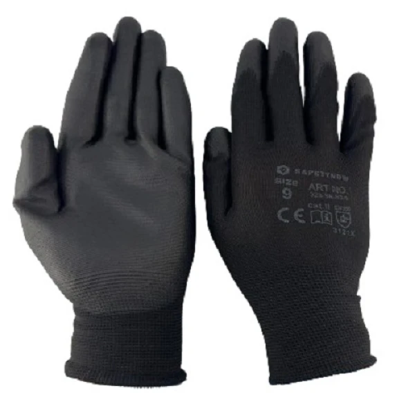 Γάντια πλεκτά PU μαύρα (πακέτο 12 ζευγαριών)